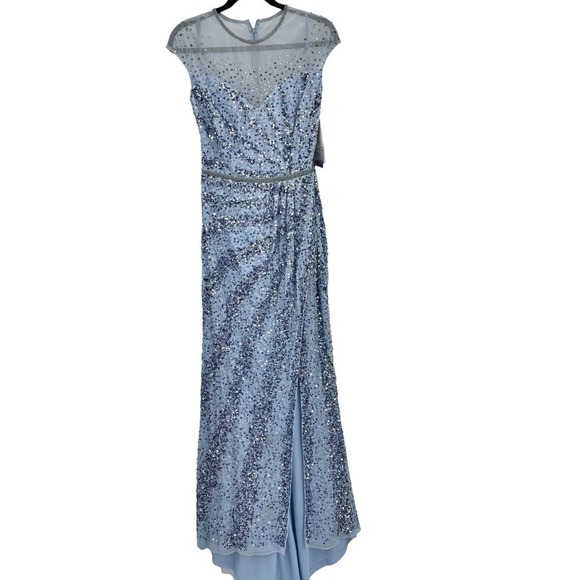Mac Duggal Embellished Illusion High Neck Cap Sleeve Gown French Blue Size 8 NWT - Picture 6 of 10
